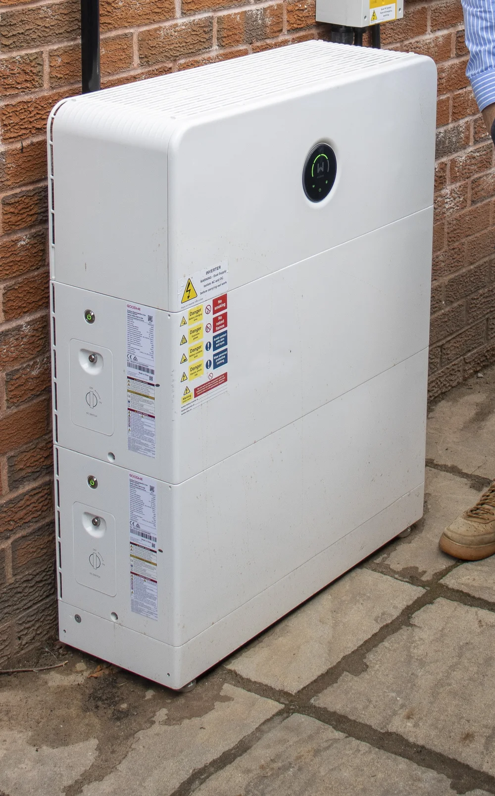The GoodWe inverter with its two GoodWe batteries stacked below