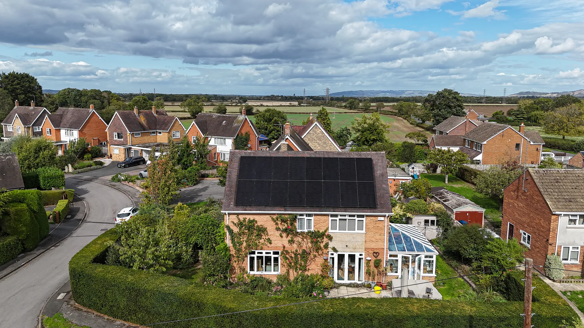 Drone view of the home in Staverton with 19 JA Solar panels on the roof
