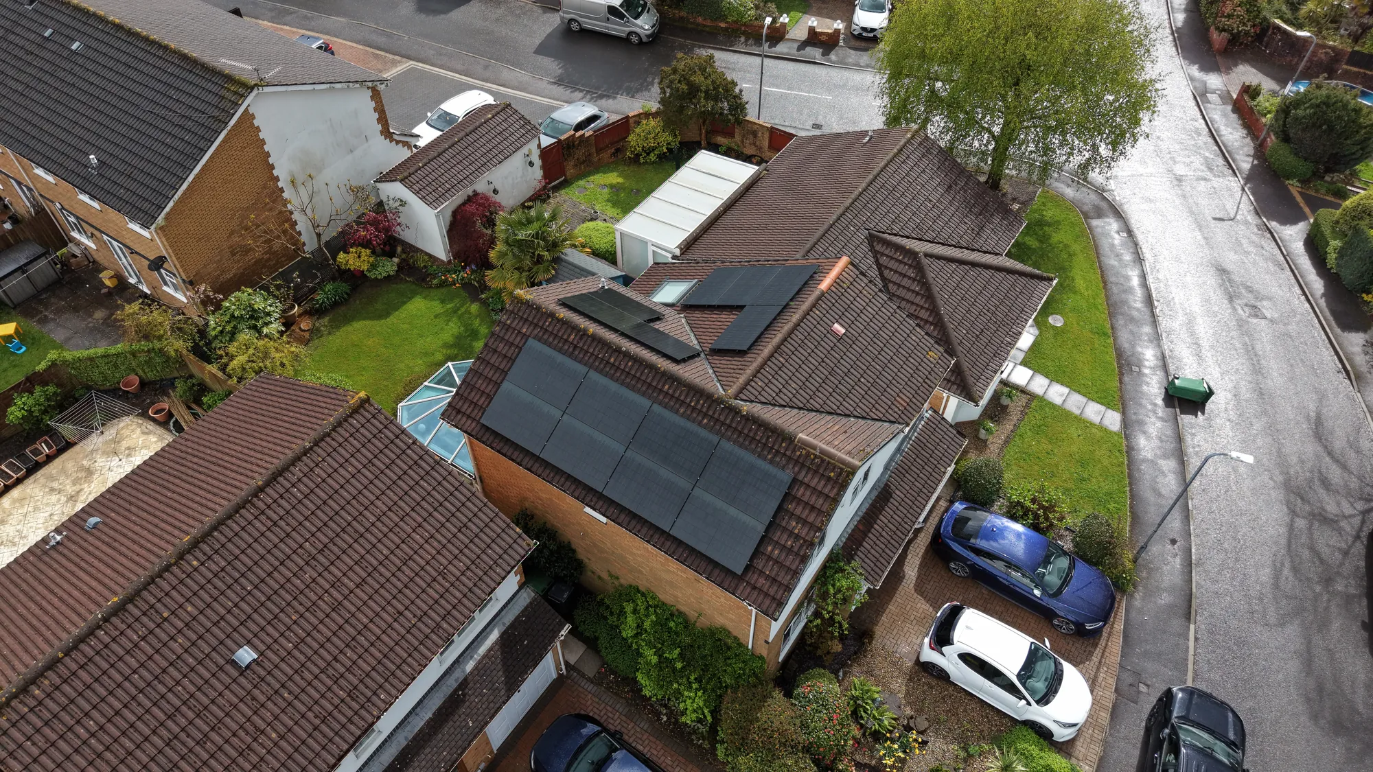 Drone view of the home in Whitchurch, Cardiff, with panels across three roof faces