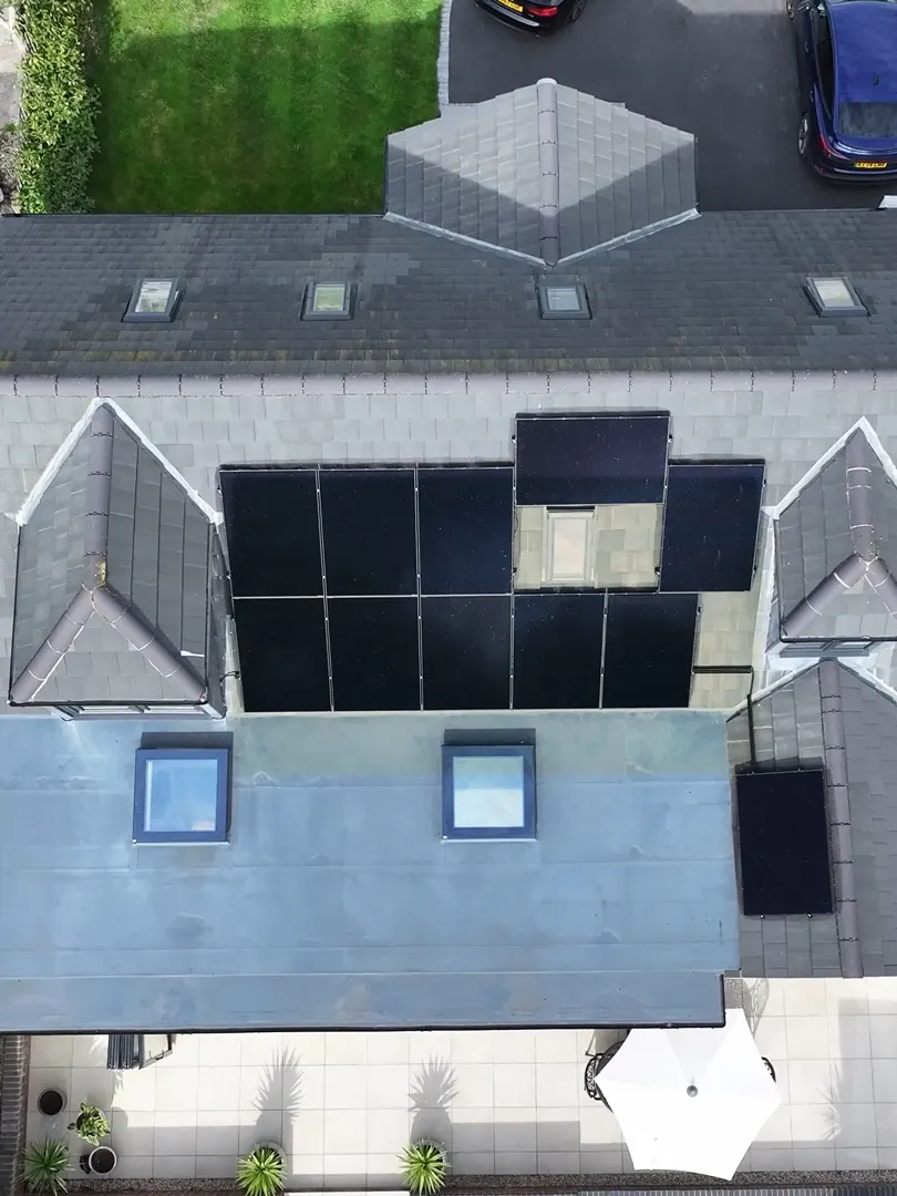 Looking straight down on a roof with solar panels
