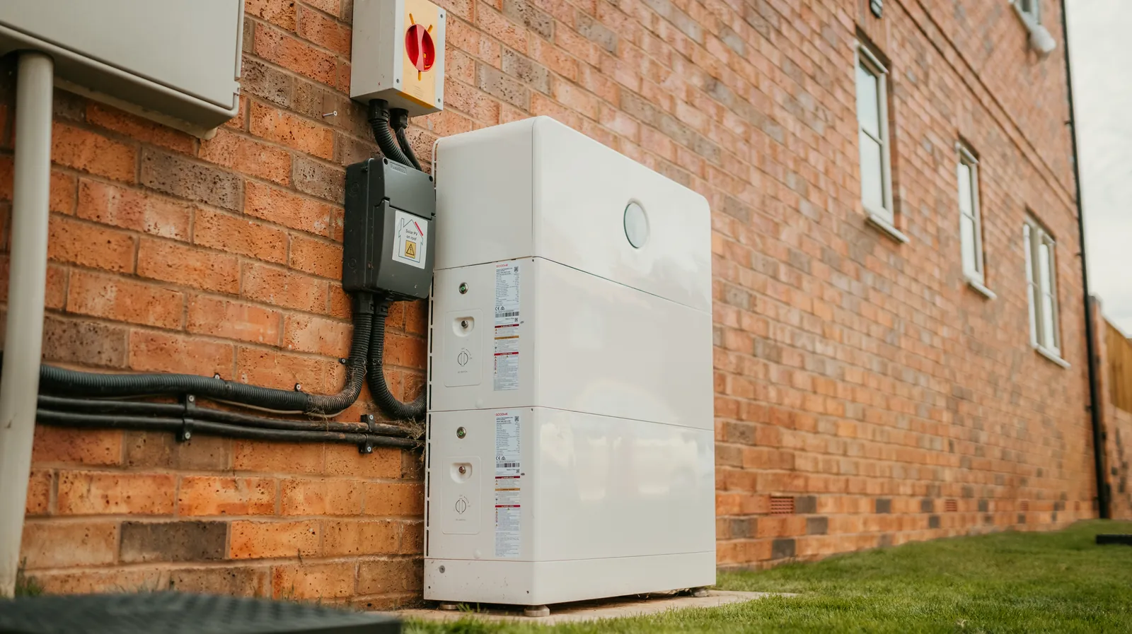 A home battery fitted to the outside wall of a brick house